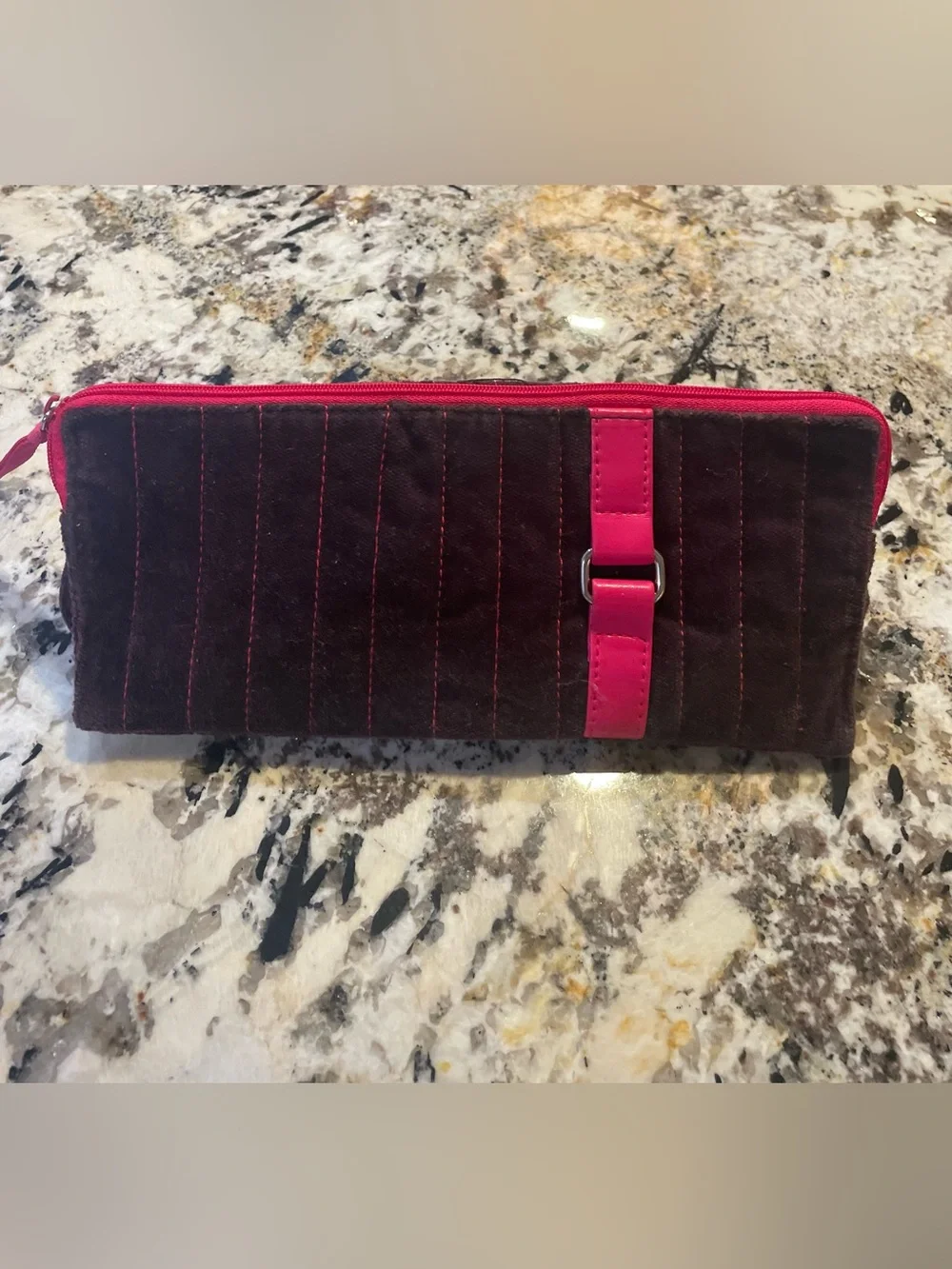 Victoria’s Secret - Y2K (2005) - Brown Velvet Cosmetic Case W/ Pink Stitching